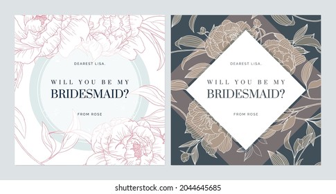 Floral bridesmaid invitation card template design, peony flower illustration, bright and dark theme