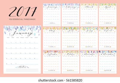 Floral bright 2017 calendar. Flower decorative elegant calendar.