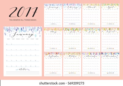 Floral bright 2017 calendar. Flower decorative elegant calendar.