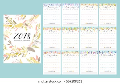 Floral bright 2018 calendar. Flower decorative elegant calendar.