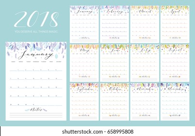 Floral bright 2018 calendar. Flower decorative elegant calendar.