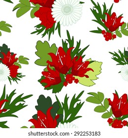Floral bright abstract seamless background. Red lily flowers, green leaves, foliage. Vector EPS 10