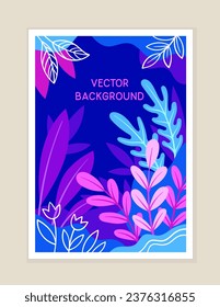 Floral bright banner. Blue and violet flowers and plants. Fashion and style. Wild life and nature. Cover for magazine. Cartoon flat vector illustration isolated on beige background