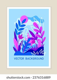 Floral bright banner. Blue and violet flowers and plants. Fashion and style. Botany and greenery. Template and layout. Cartoon flat vector illustration isolated on beige background