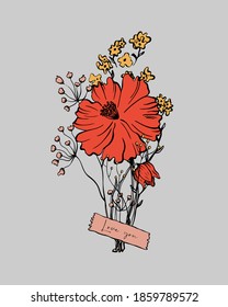Floral bright greeting card design for  happy valentine's day or 8 march. Vector flower bouquet with short quote love you
