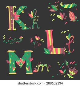 Floral bright hand drawn vector alphabet and design elements