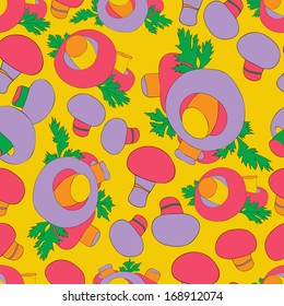 Floral bright new  abstract objects  gooseberry seamless patterns with mushrooms. Pattern can be used for wallpaper pattern fills surface textures. Vector backgrounds with warm  pale lime shades.