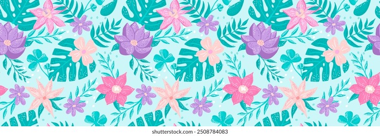 Estampado floral brillante, Vector sin patrón con plantas exóticas, hojas de monstera, palmeras
