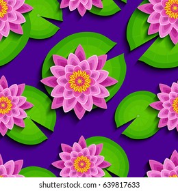 Floral bright seamless pattern with beautiful 3d pink lotus and green leaves.  Modern nature background with stylized waterlily flower. Trendy stylish wallpaper. Vector illustration