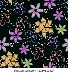 Floral brillante sin costura, ramos de flores multicolores sobre un fondo oscuro contrastante para el diseño de papel pintado, textil, papel envolvente, tejidos, sedas, hijab, chal, pañuelo.