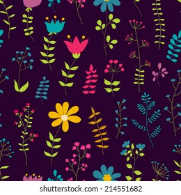 Floral bright seamless pattern. Flowers on dark background. Can be used for textile, wallpaper.