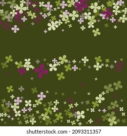 Floral Bright Spring Clovers Greenery Splatter. Holidays Nature Purple Fourtune Illustration. Vivid Lucky Vibrant Dark Saint Patrick Background. Pastel Green Simple Summer Flowers Wallpaper.