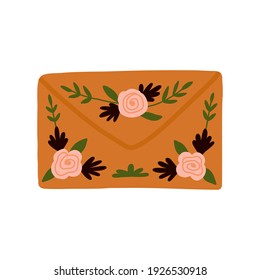 Floral brown old vintage mail envelope with spring rose flowers and leaves illustration