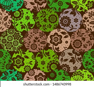 Floral brown pattern, seamless, green and brown circles, brown background, flat, vector. Fabulous decor. Color, floral ornament. 