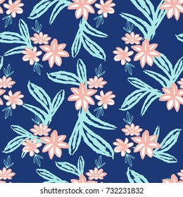 Floral Brush Drawn Contemporary Seamless Pattern on Blue Background .Print for Wedding or Birthday Cards ,Holiday Party Invitation,Phone Cases Design , Fabrics Gift Wrap ,Notebook