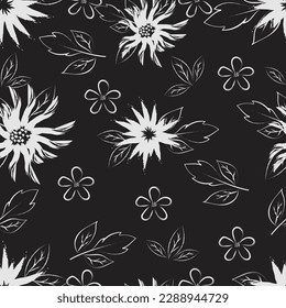 Floral brush stroke black and white seamless pattern for textile, fabric printing, and wallpaper
