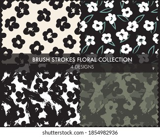 Die nahtlose Musterkollektion für Pinselstriche mit Blumenpinsel umfasst 4 Designs für Modedrucke, Grafiken, Hintergründe und Handwerkskunst