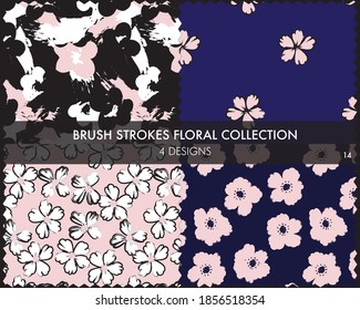 Floral brush strokes seamless pattern collection includes 4 designs for fashion prints, graphics, backgrounds and crafts