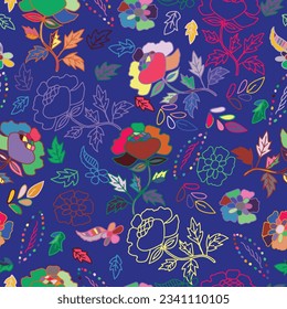 Floral brush strokes seamless pattern design. Trendy exotic flower wallpaper on blue background. Design for banner, poster, card and scrapbook. 