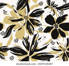 Floral brush strokes seamless pattern, Organic shapes abstract floral. Seamless floral. flowers hand-drawn, Flower seamless pattern. black and white art for textile design, fabric art.eps8