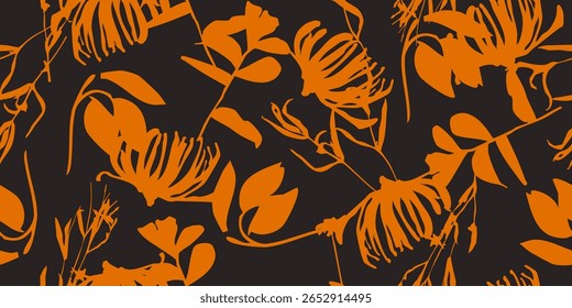 Pincel floral traça plano de fundo de padrão sem costura. Padrões de laranja com floral para tecido, têxteis, roupas, papel de embrulho, tampa, banner, decoração de interiores.