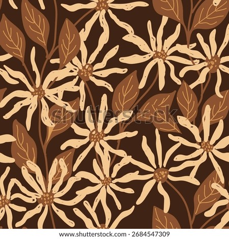 Floral brush strokes seamless pattern design. American witch hazel flowering branch and hamamelis virginiana flowers. Cosmetic and medical plant.