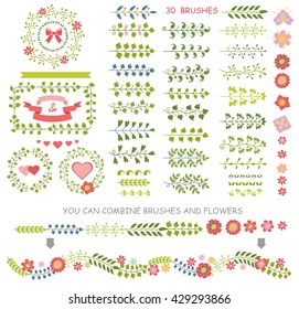 Floral brushes set.Vector Plant line borders,brushstroke,wreath,flowers,brunches.Holiday decorations elements.For wedding,easter,mother day,birthday.All brushes are included.Colored Illustration