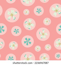 Burbujas florales. Patrón transparente rosa vectorial. Diferentes flores flotando en burbujas de color rosa claro. Parte de la colección First Floral de Last Island Art.