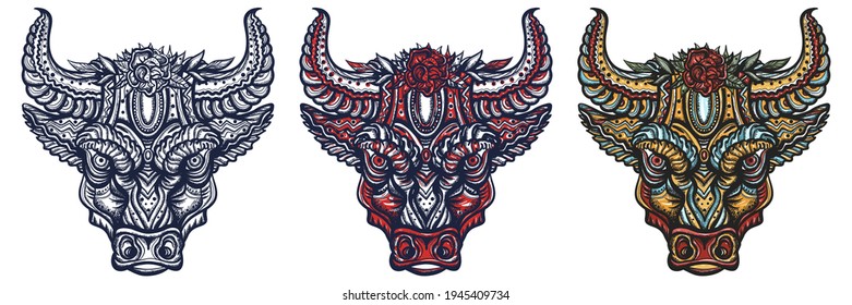 Floral bull head. Esoteric animal. Old school tattoo vector art. Hand drawn cartoon character set. Isolated on white 