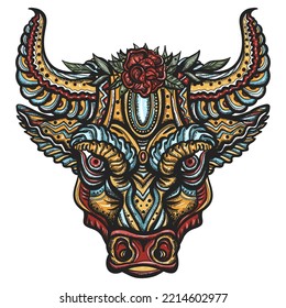 Floral bull head. Esoteric animal. Old school tattoo vector art. Hand drawn graphic. Isolated on white. Traditional flash tattooing style