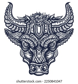 Floral bull head. Esoteric animal. Old school tattoo vector art. Hand drawn graphic. Isolated on white. Traditional flash tattooing style