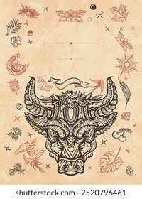 Floral bull head. Esoteric animal. Art background. Medieval manuscript style. Old paper vector. Cover page template