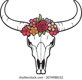 Floral bull skull color vector illustration