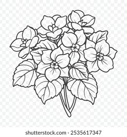 Floral Bunch with Begonia Detailed Line Art Vector Illustration of Elegant Flower Design in Black and White