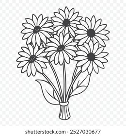 Floral Bunch Featuring Black Eyed Susan Line Art Vector Illustration of Detailed Flower Arrangement