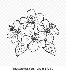 Floral Bunch with Hibiscus Line Art Vector Illustration of Elegant Botanical Design with Detailed Flower Artwork