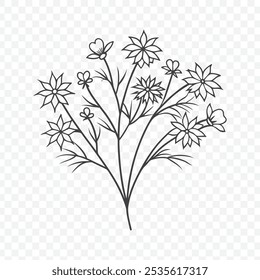 Bunch floral com vetor de arte de linha Love-in-a-Mist para desenhos elegantes e artísticos