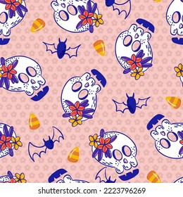 Floral Bunch on Head Skulls and Bats Vector Seamless Pattern