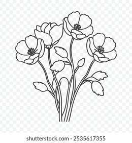 Floral Bunch with Poppy Line Art Vector Illustration in Minimalist Style Featuring Delicate Flower Stems