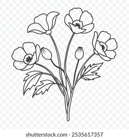 Floral Bunch with Poppy Line Art Vector Illustration in Minimalist Style Featuring Delicate Flower Stems