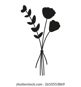 Floral bunch, silhouette in black color. Bouquet of delicate wildflowers tied with ribbons. Vector illustration for design projects