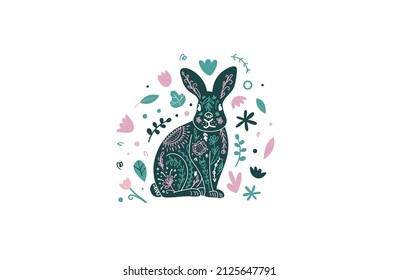 Floral bunny emblem. Cute scandi rabbit, easter bunny illustration. Vector funky print with bunny in simple minimal style, magical and floral symbols and signs. Hare child emblem.