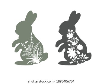 
 Floral Bunny Silhouette. Easter vector set. Spring Farmhouse design.