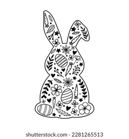 Floral Bunny. Vector hand drawn Easter egg illustration. Bunny silhouette by flowers, carrot and eggs. Happy Easter holiday.