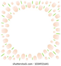 Floral burst. Firework of the white flowers and green herbs. Vector background with a border of cream shaded tulips. Card with a round frame and blank space for wedding gifts, jewelry or cosmetics.