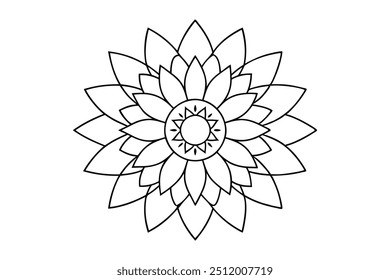 Floral Burst Mandala Design with Layered Petals and Abstract Shapes - Bold Outlined Symmetrical Pattern for Easy Coloring