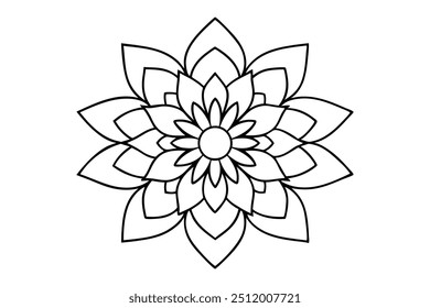 Floral Burst Mandala Design with Layered Petals and Abstract Shapes - Bold Outlined Symmetrical Pattern for Easy Coloring