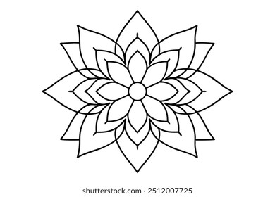 Floral Burst Mandala Design with Layered Petals and Abstract Shapes - Bold Outlined Symmetrical Pattern for Easy Coloring