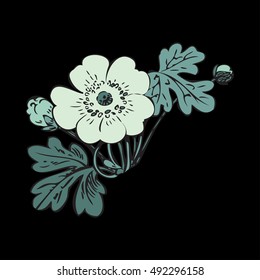 Floral bush retro on black background vector, hand drawn decorative flower vintage contour, closeup branch with flowers and buds print design