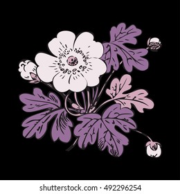 Floral bush retro on black background vector, hand drawn decorative flower vintage contour, closeup branch with flowers and buds print design
